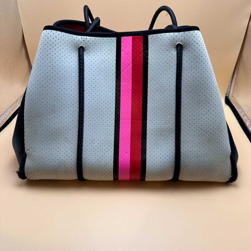 Haute Shore Greyson Neoprene Tote Bag Gray Pink Stripe Shoulder Handbag Large